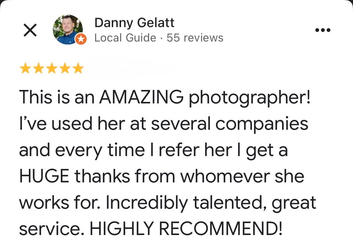 Five-star Google review praising an amazing photographer for talent and service, written by Local Guide Danny Gelatt.