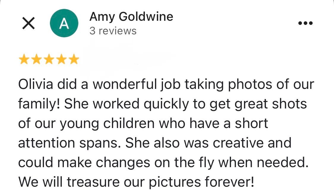 Five-star Google review from Amy Goldwine praising photographer Olivia for capturing great family photos of young children.