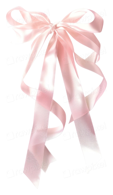 Delicate pink satin ribbons arranged in a row against a white background, creating an elegant decorative border.
