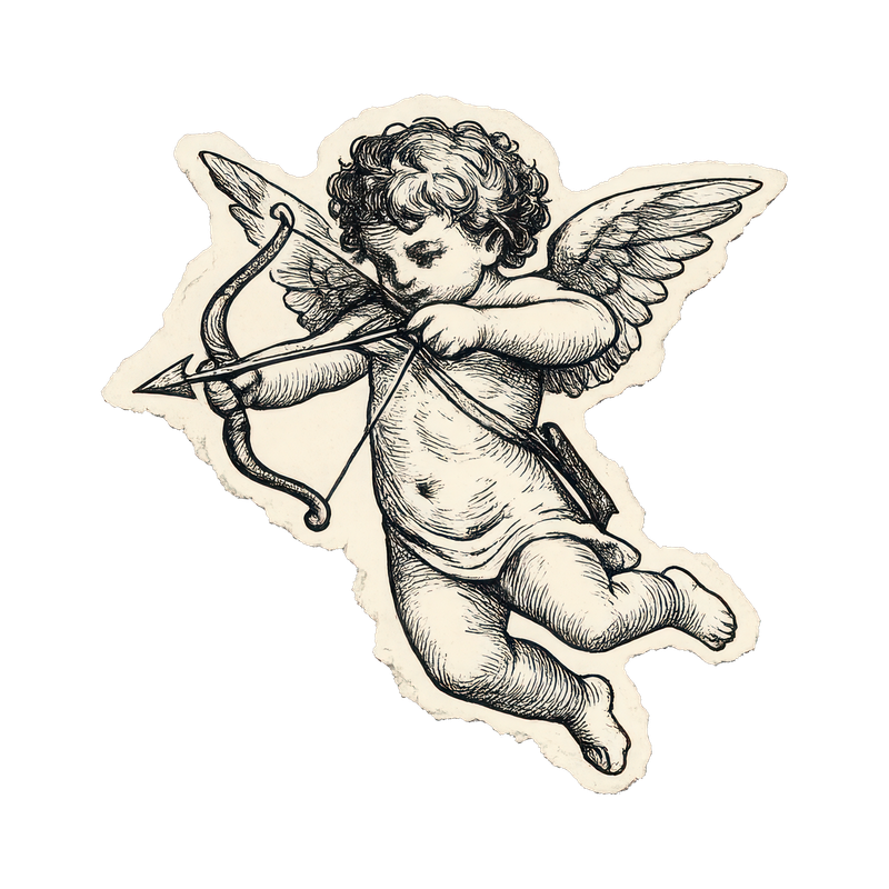 Vintage cherub illustrations with bows and arrows in black and white sketch style.