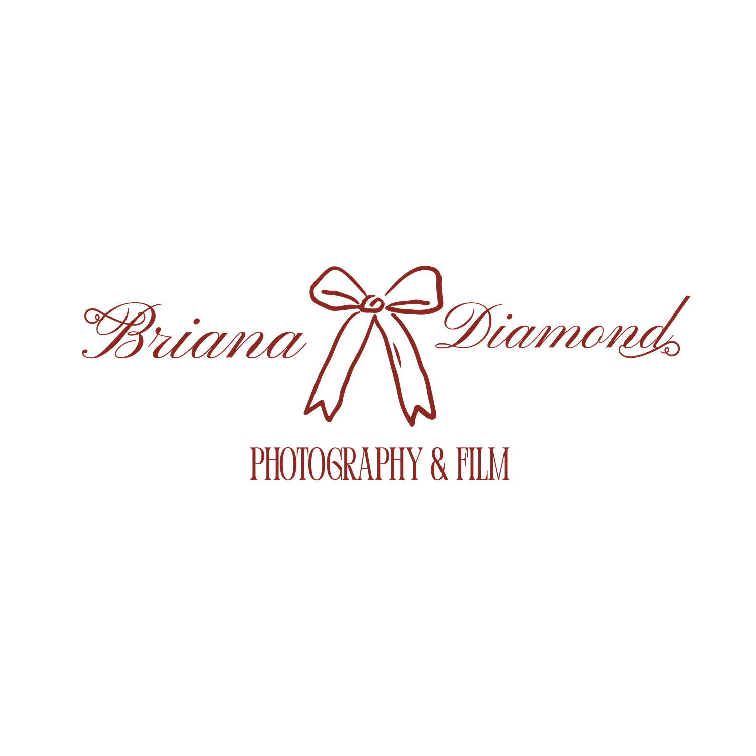A decorative red logo design for 'Brianna Diamond Photography & Film' with elegant script text and bow accents.