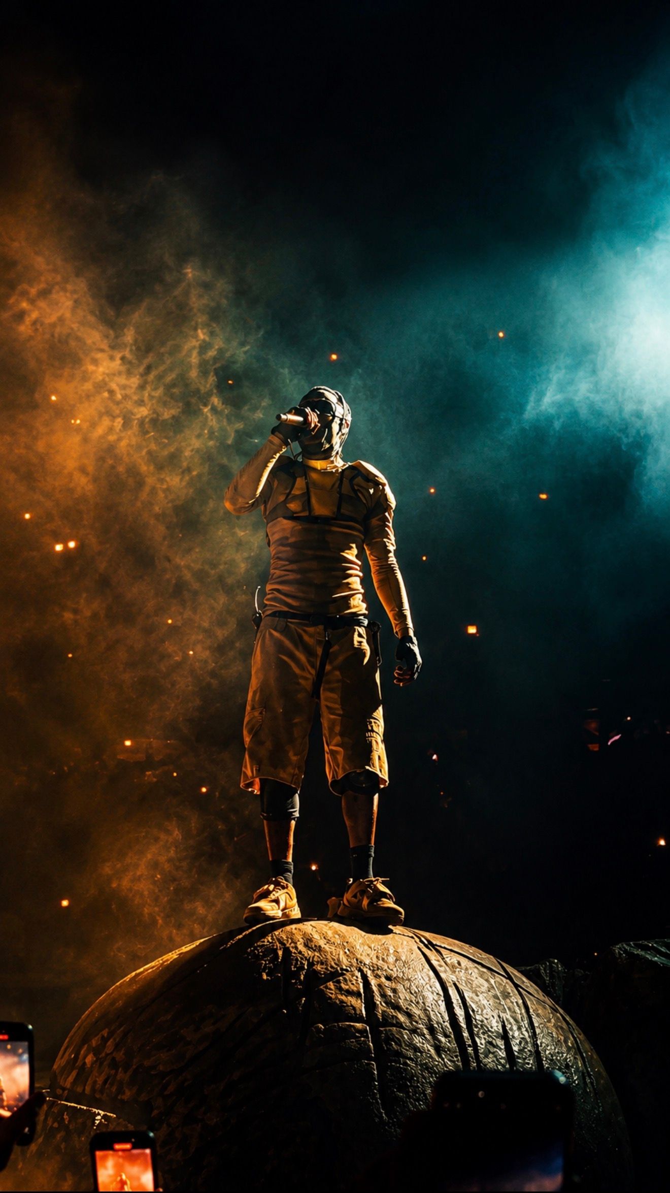 Male performer standing on a rock holding microphone under colorful stage smoke and lights.