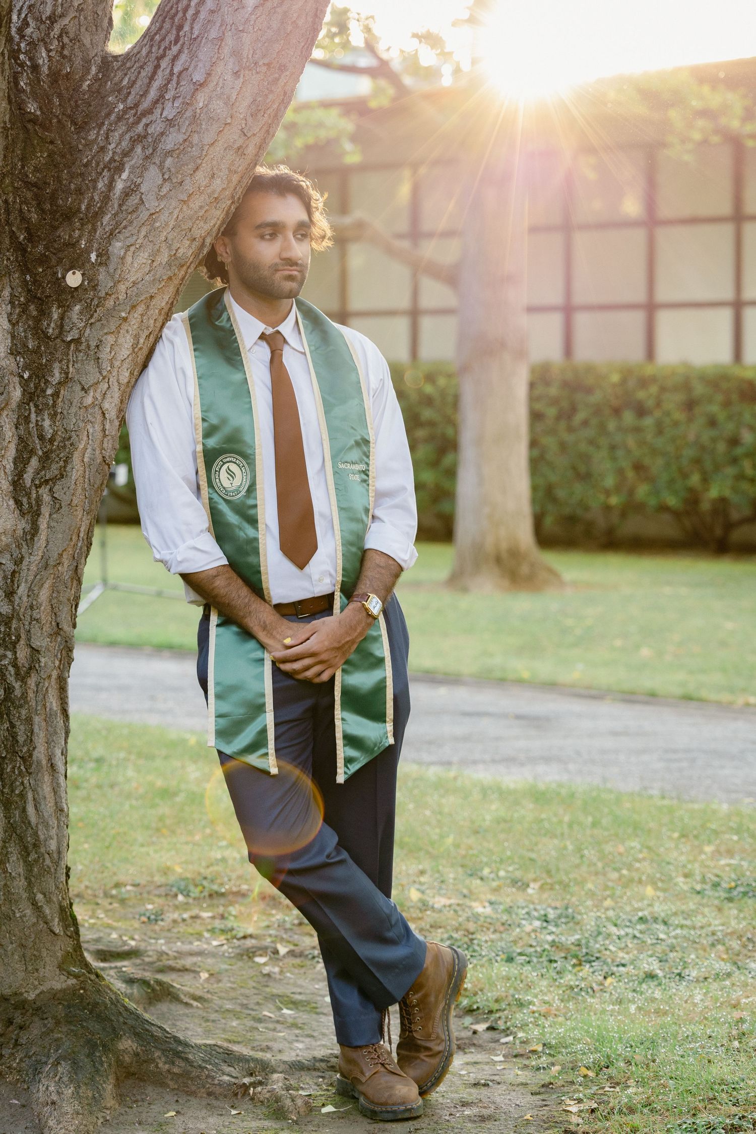 Graduate in green honor stole leans against tree in golden sunset light outdoors.