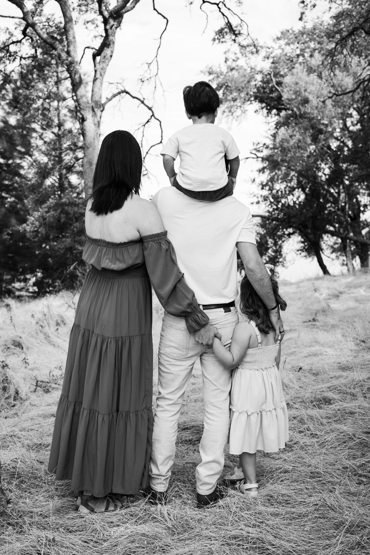 Black and white photo of a family of four seen from behind, walking together outdoors among trees.