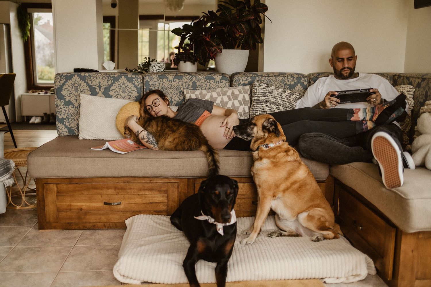 Couple relaxing on a sectional sofa with three dogs, one black and two brown, in a cozy living room.