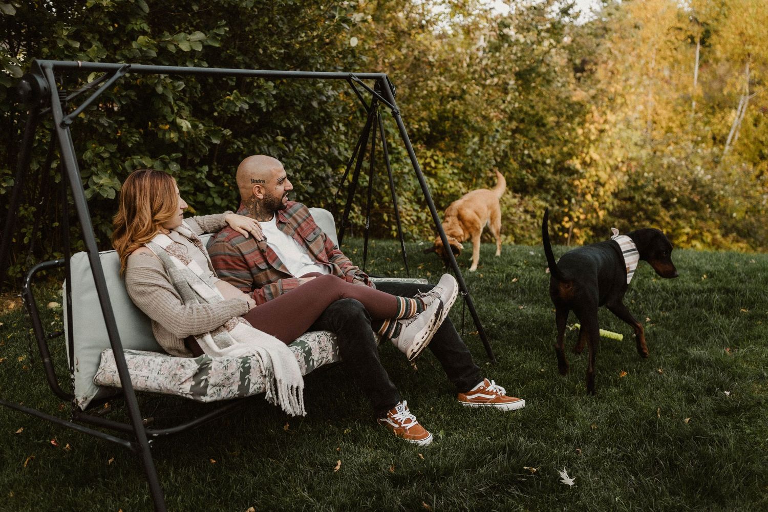 Couple relaxing on outdoor swing surrounded by two dogs in a lush green backyard during autumn.
