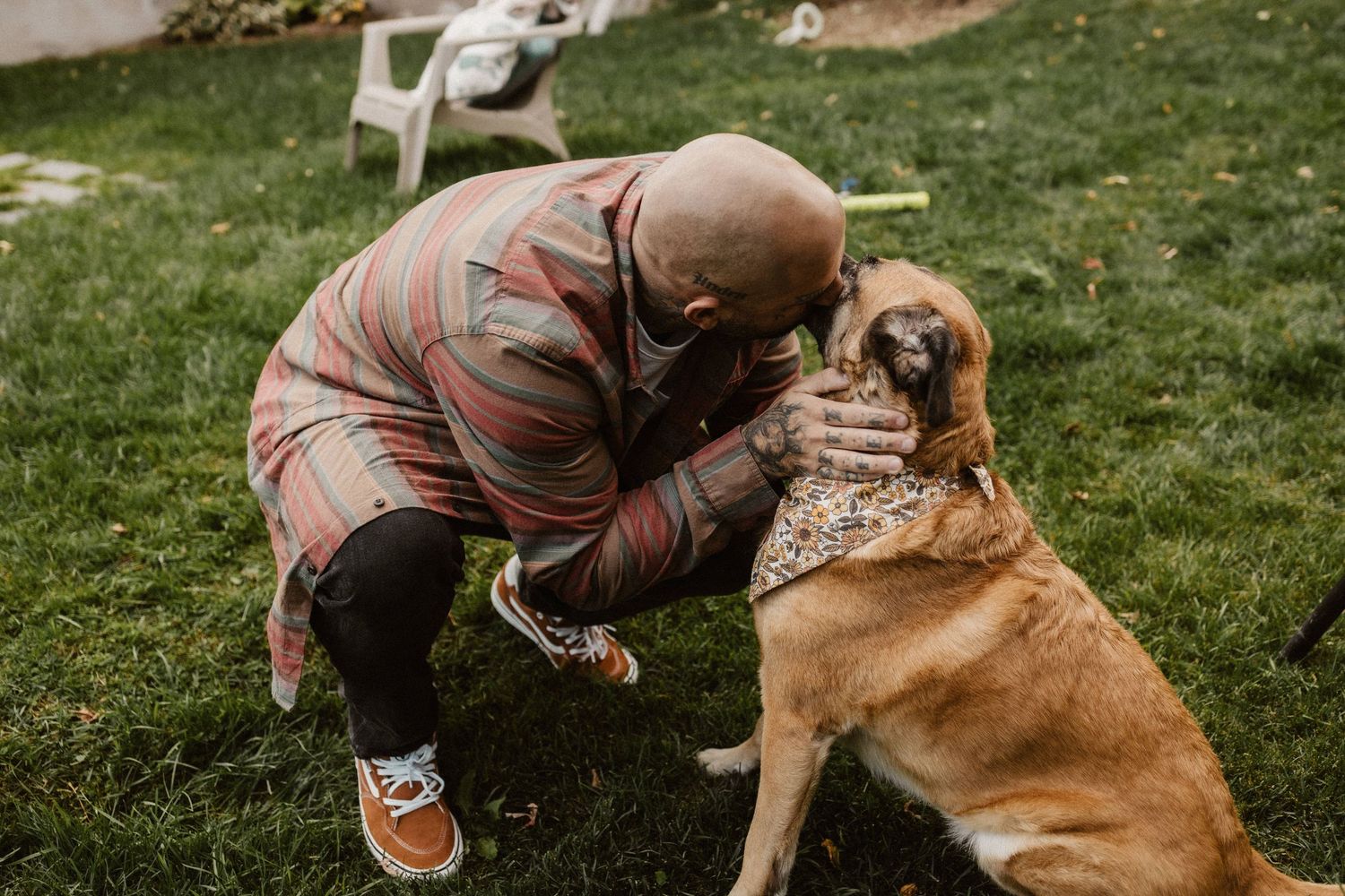 Bald man in plaid jacket kneeling on grass, affectionately petting and kissing a golden brown dog wearing a bandana.