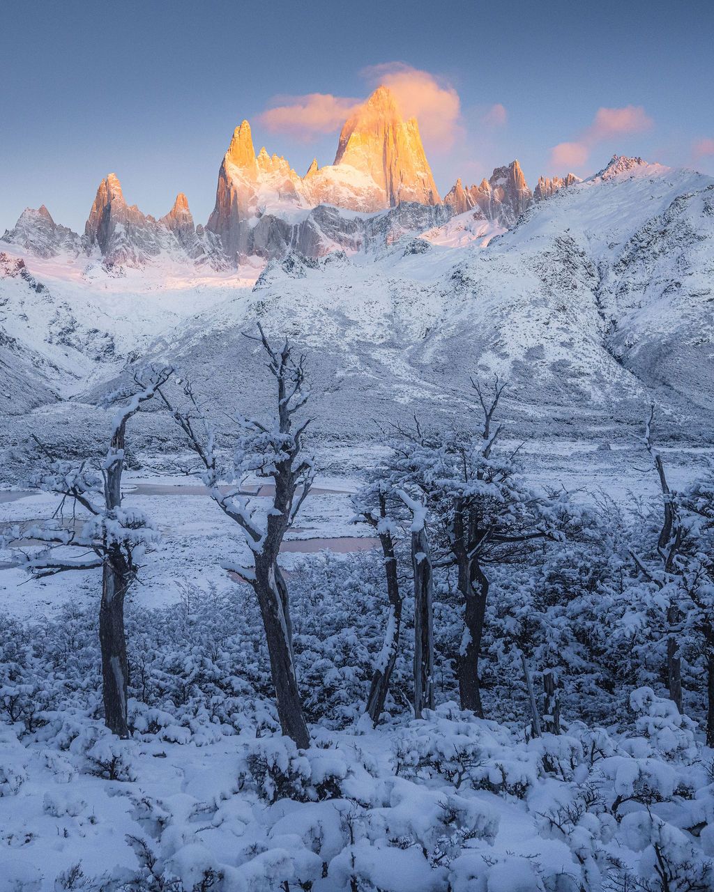 Golden sunrise light illuminates Fitz Roy peak above a snow-covered forest and valley in Patagonia.