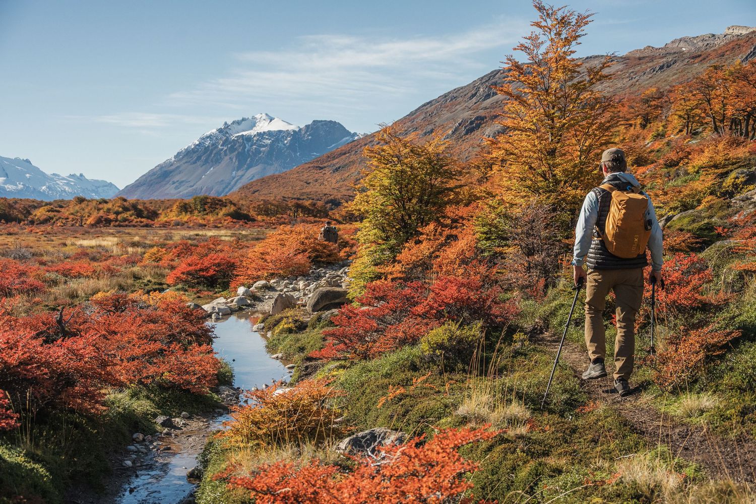 Hiker with backpack walks through vibrant autumn foliage along a mountain stream in Patagonia.