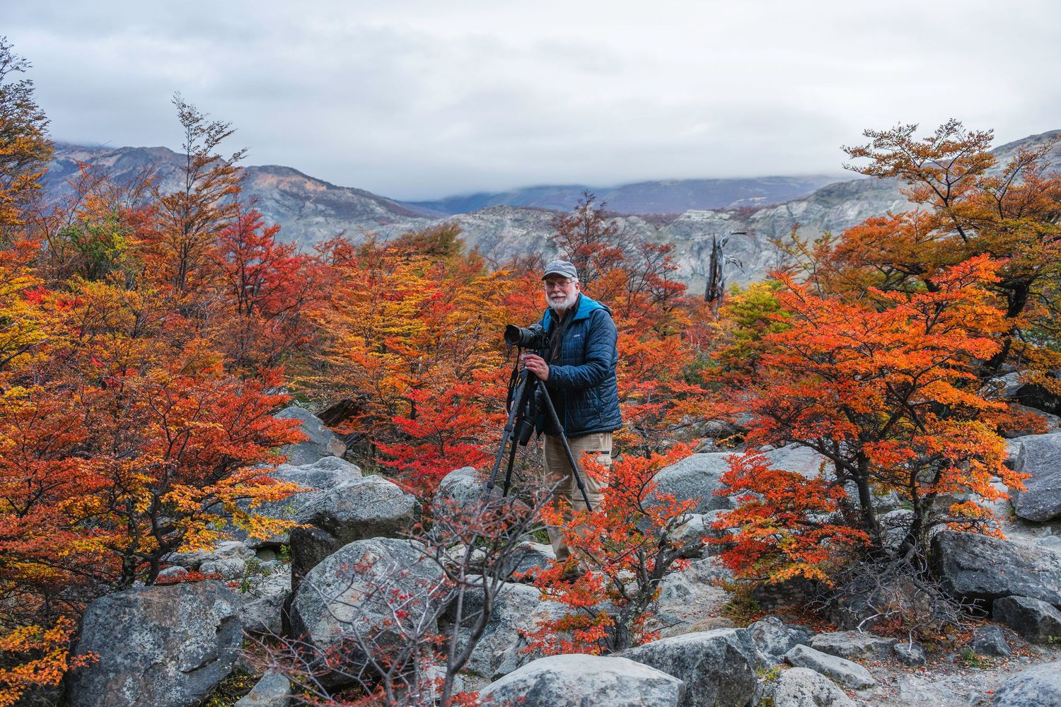 Photographer with tripod among vibrant red and orange autumn foliage on rocky terrain with misty mountains behind.