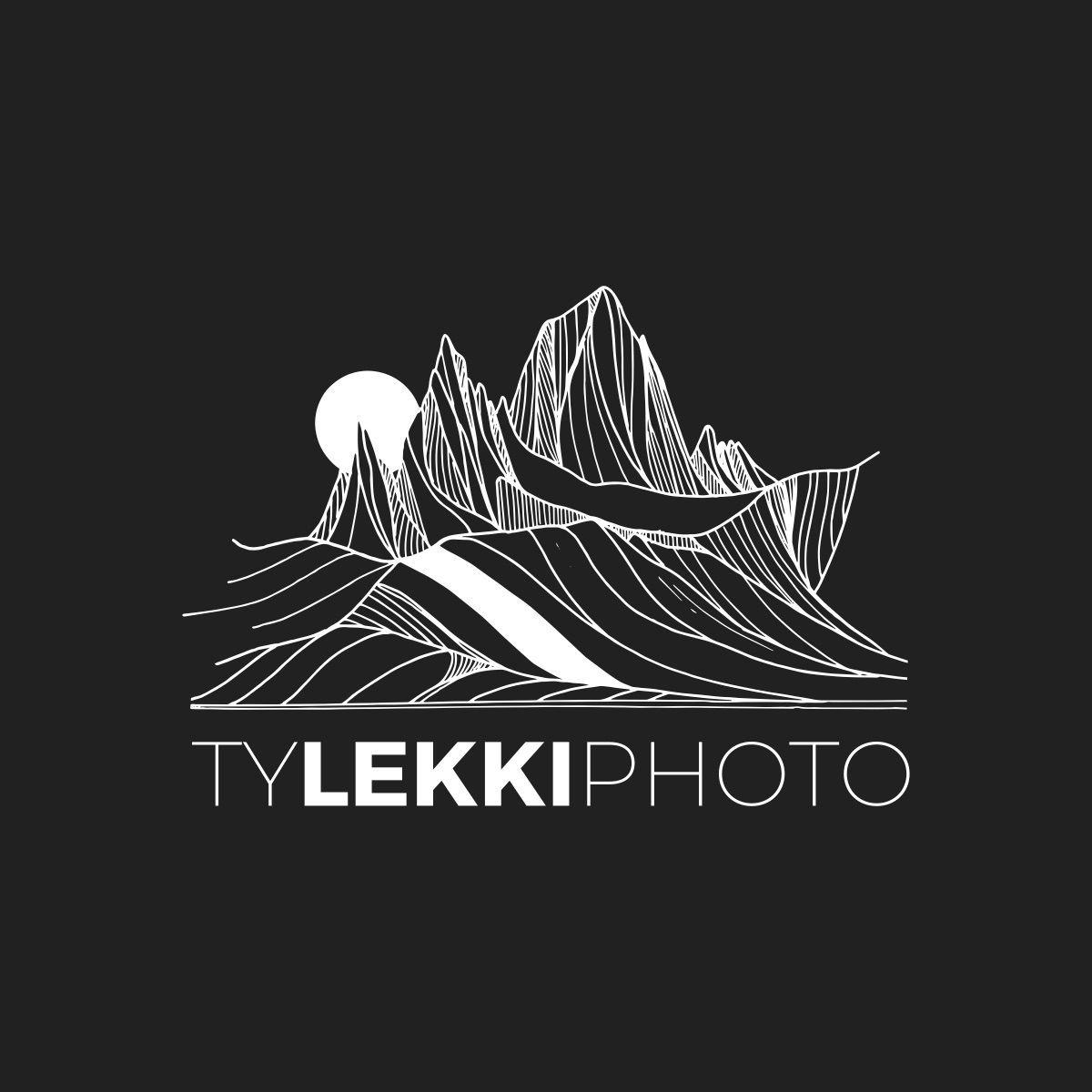 White line art logo of mountain peaks with sun and TyLekki Photo text on dark background.