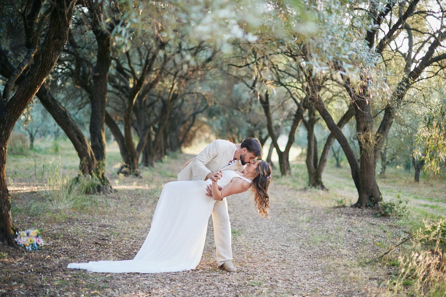 Groom dips bride dramatically on path through sunlit olive tree grove.