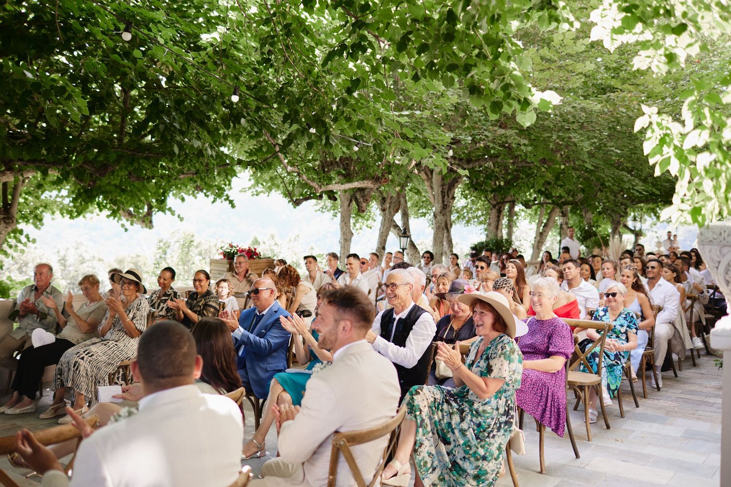 Large group of wedding guests seated at long tables under green trees outdoors.
