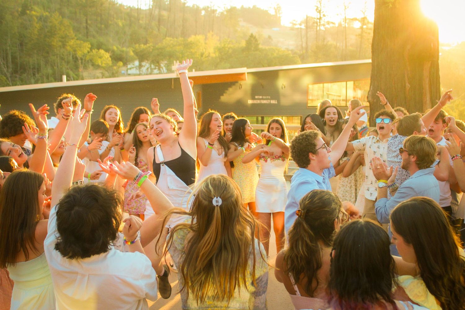 Large group of young people celebrating outdoors at a party during golden hour sunset.