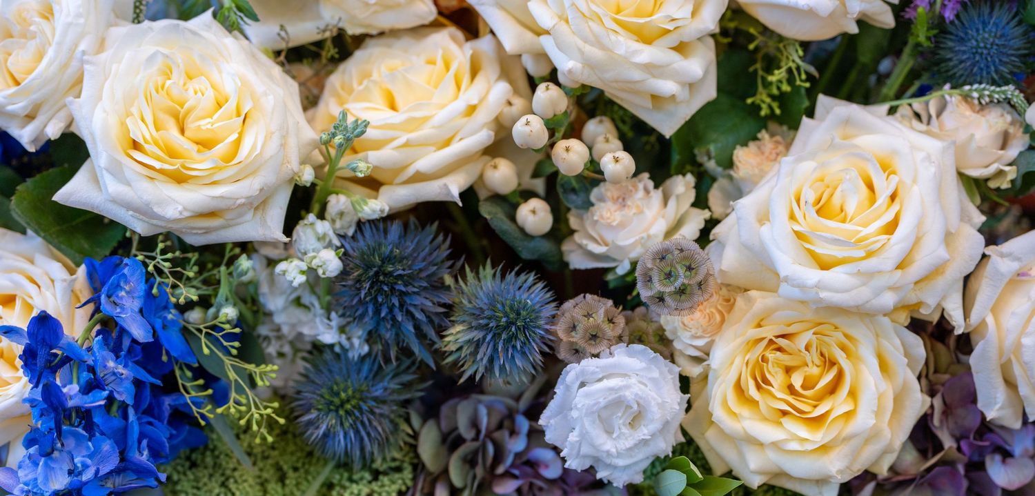 Beautiful floral arrangement featuring cream roses, blue delphiniums, and thistle blooms in an elegant bouquet.