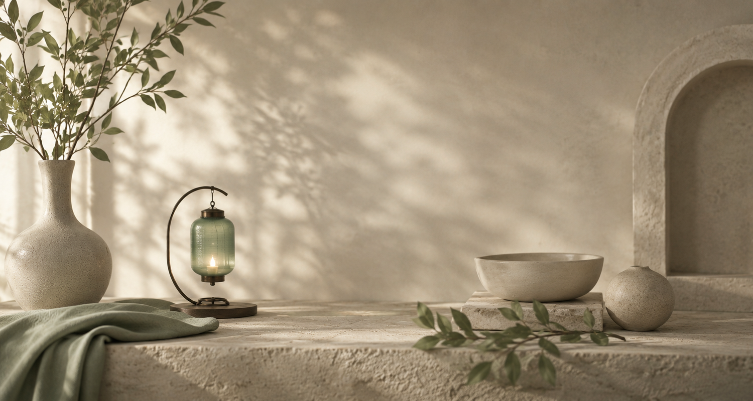 Minimalist beige room with ceramic vase, green lantern, bowl, and olive branches in soft light.