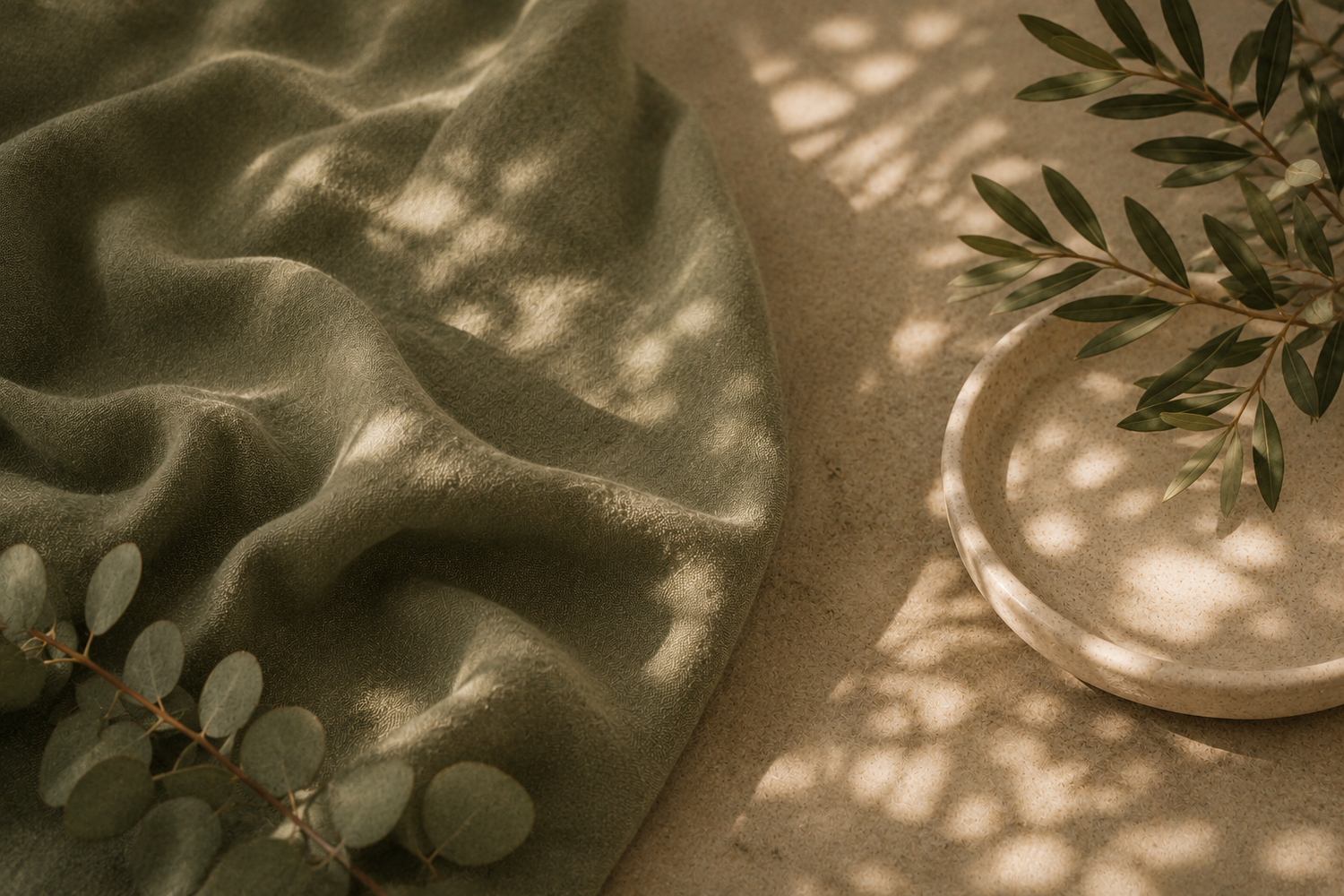 Flat lay of sage green linen fabric with eucalyptus and olive branches on a neutral stone surface.
