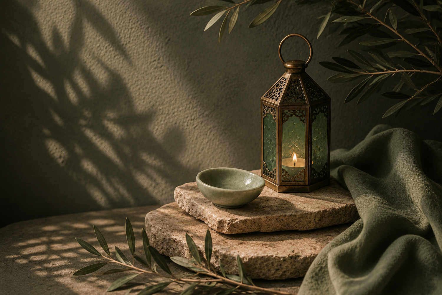 Moroccan brass lantern with candle on stone slabs beside a green ceramic bowl and olive branches.