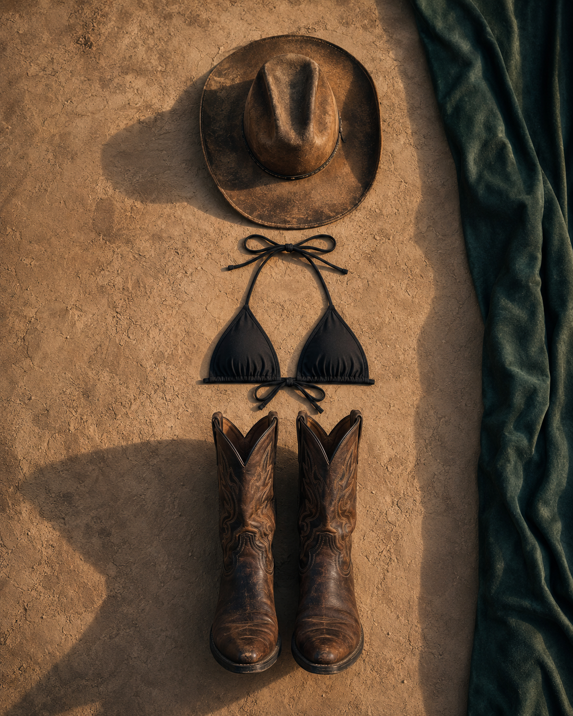 Flat lay of cowboy hat, black bikini top, and brown leather cowboy boots on sandy desert ground.