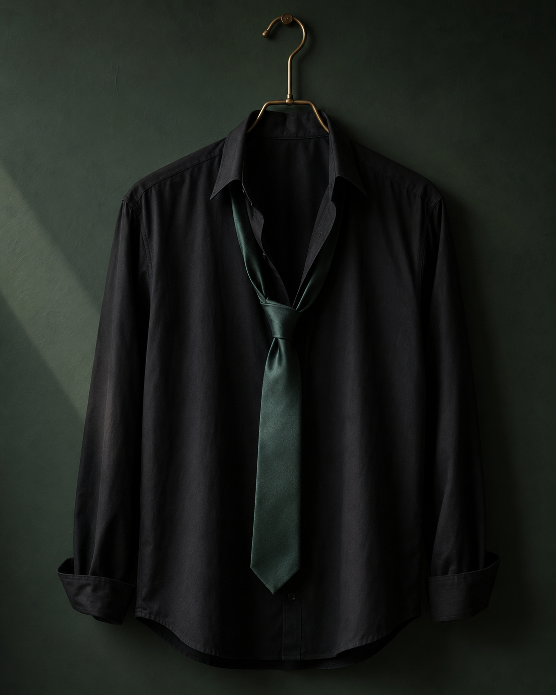 Black dress shirt with green satin tie on gold hanger against dark green wall with soft light.