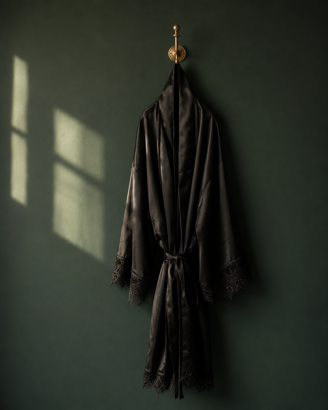 Dark silk robe with lace trim hanging on brass hook against deep green wall in soft light.