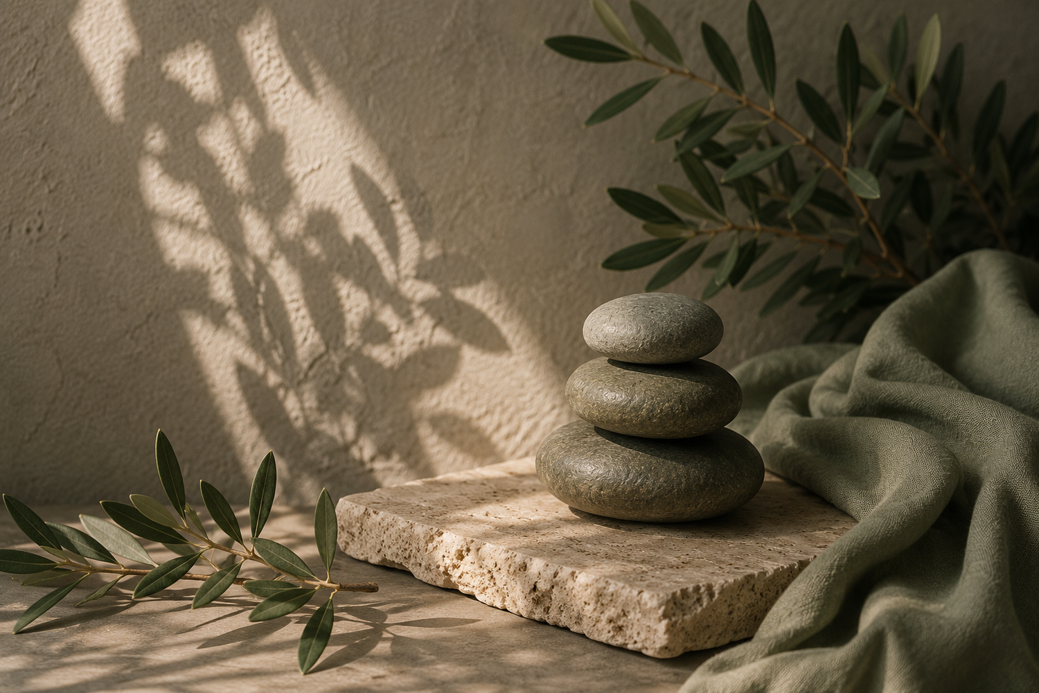 Stacked zen stones on travertine with olive branches and green linen in soft light.