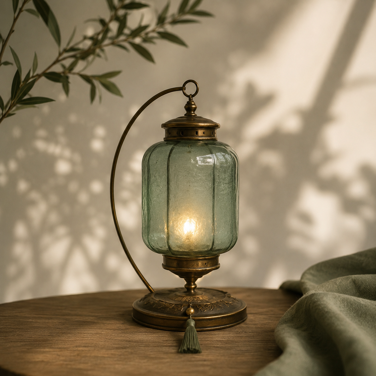 Vintage brass and green glass lantern with tassel on wooden table with olive branches and green linen.