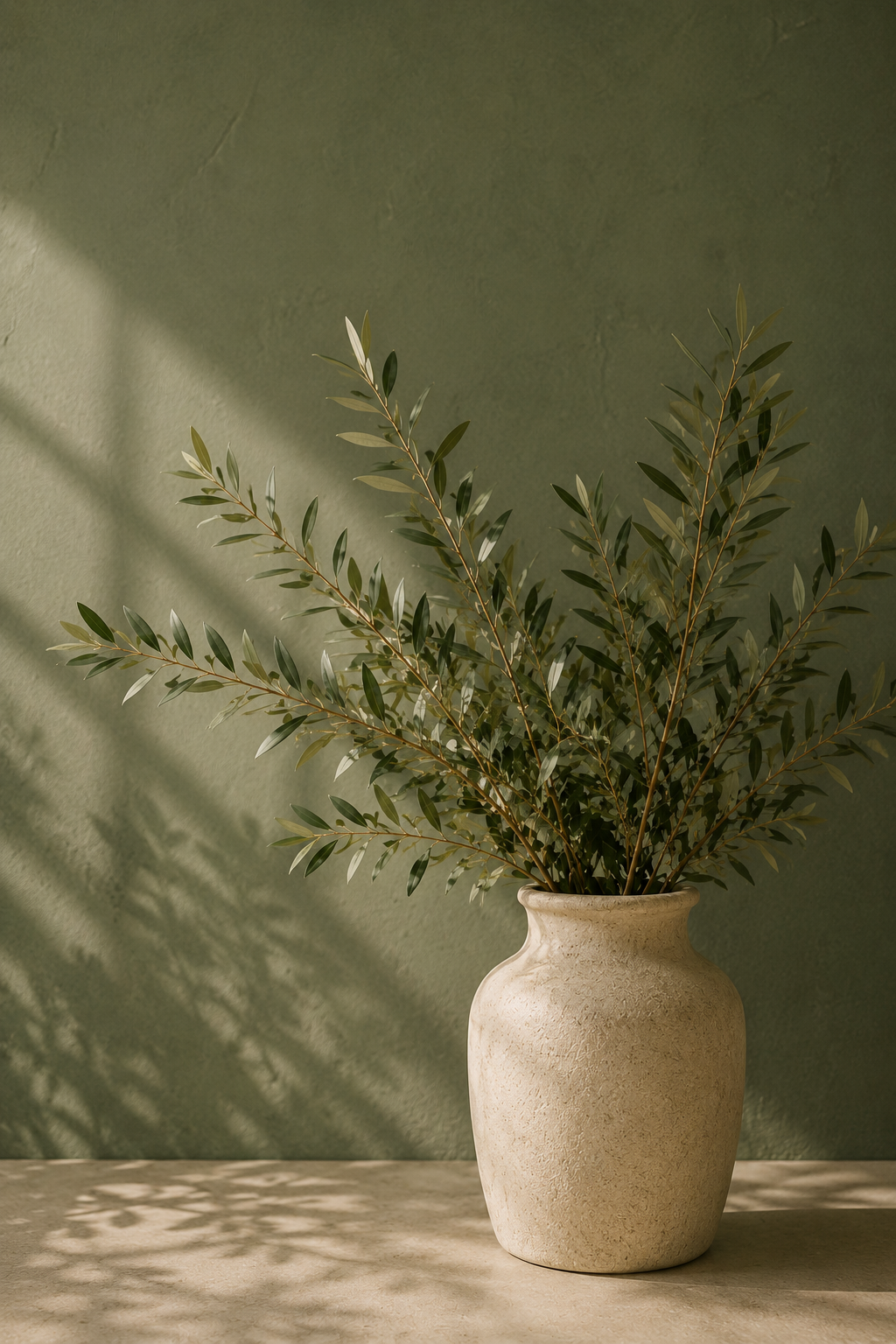 Large rustic ceramic vase with olive branches casting leaf shadows on a muted green textured wall.
