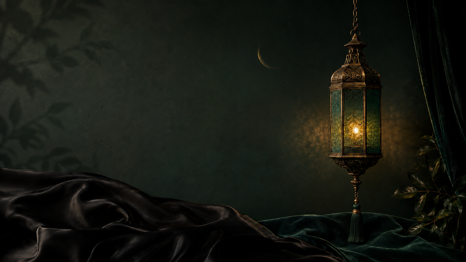 Traditional Islamic lantern glowing warmly against dark green backdrop with crescent moon and draped silk.
