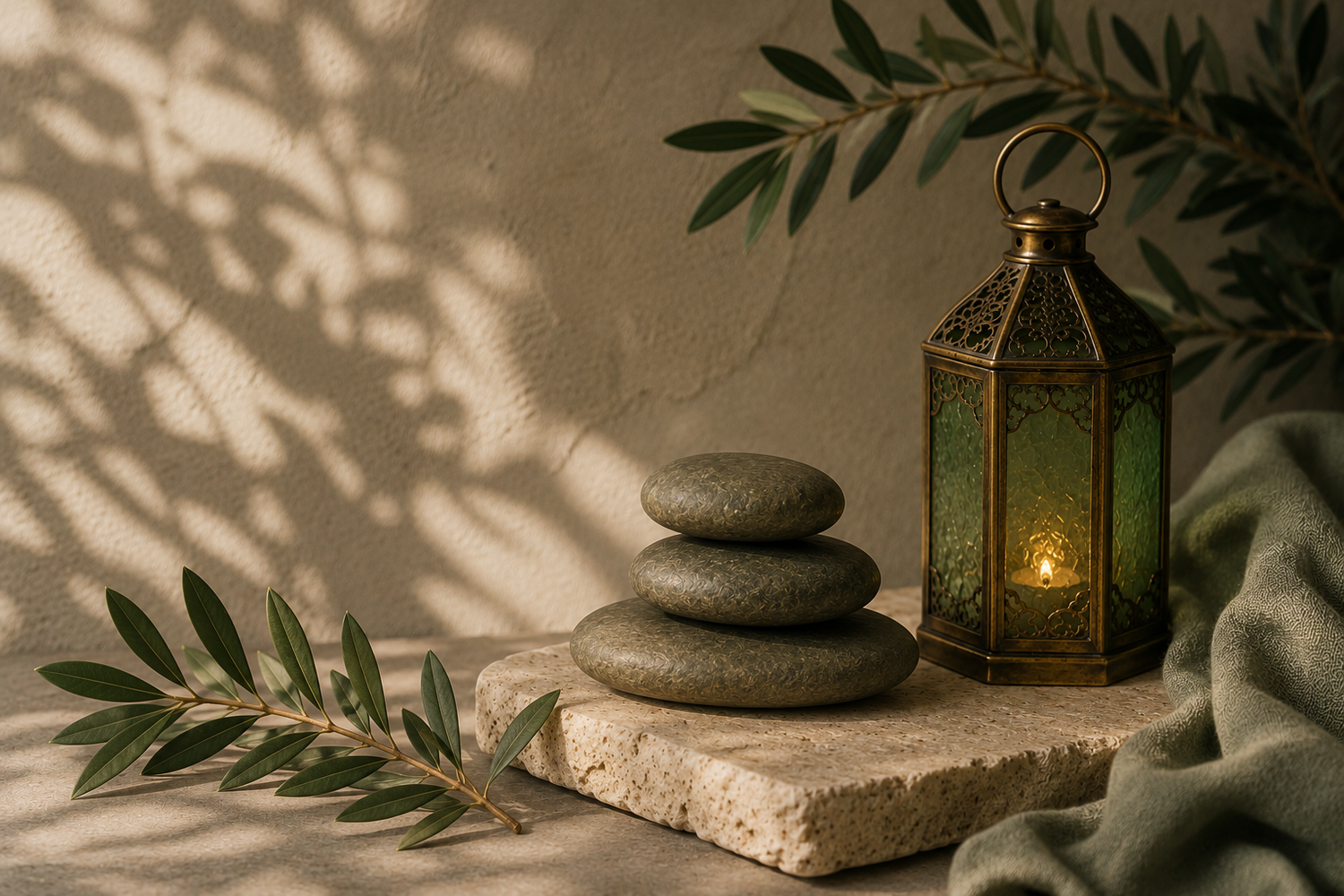 Stacked zen stones beside glowing green lantern with olive branches in warm light.