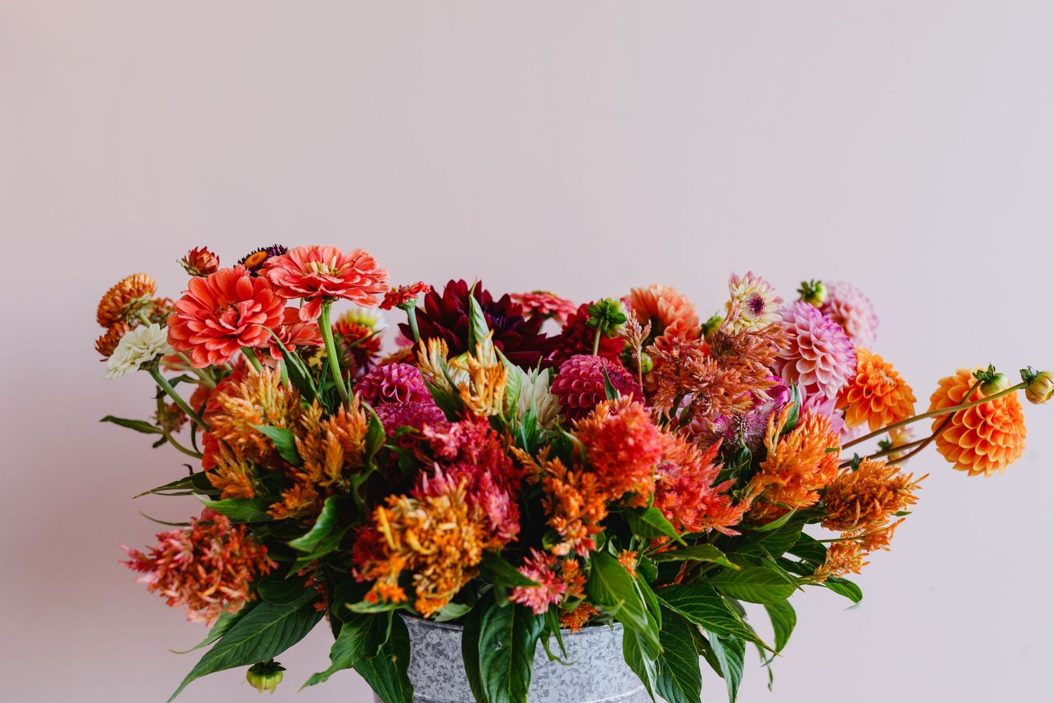 Vibrant orange and pink floral arrangement with dahlias and mixed flowers in full bloom.