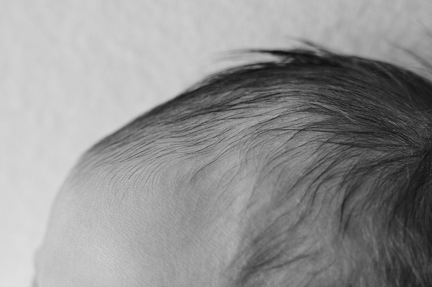 Close-up black and white photo of a newborn baby's soft hair on the top of their head.