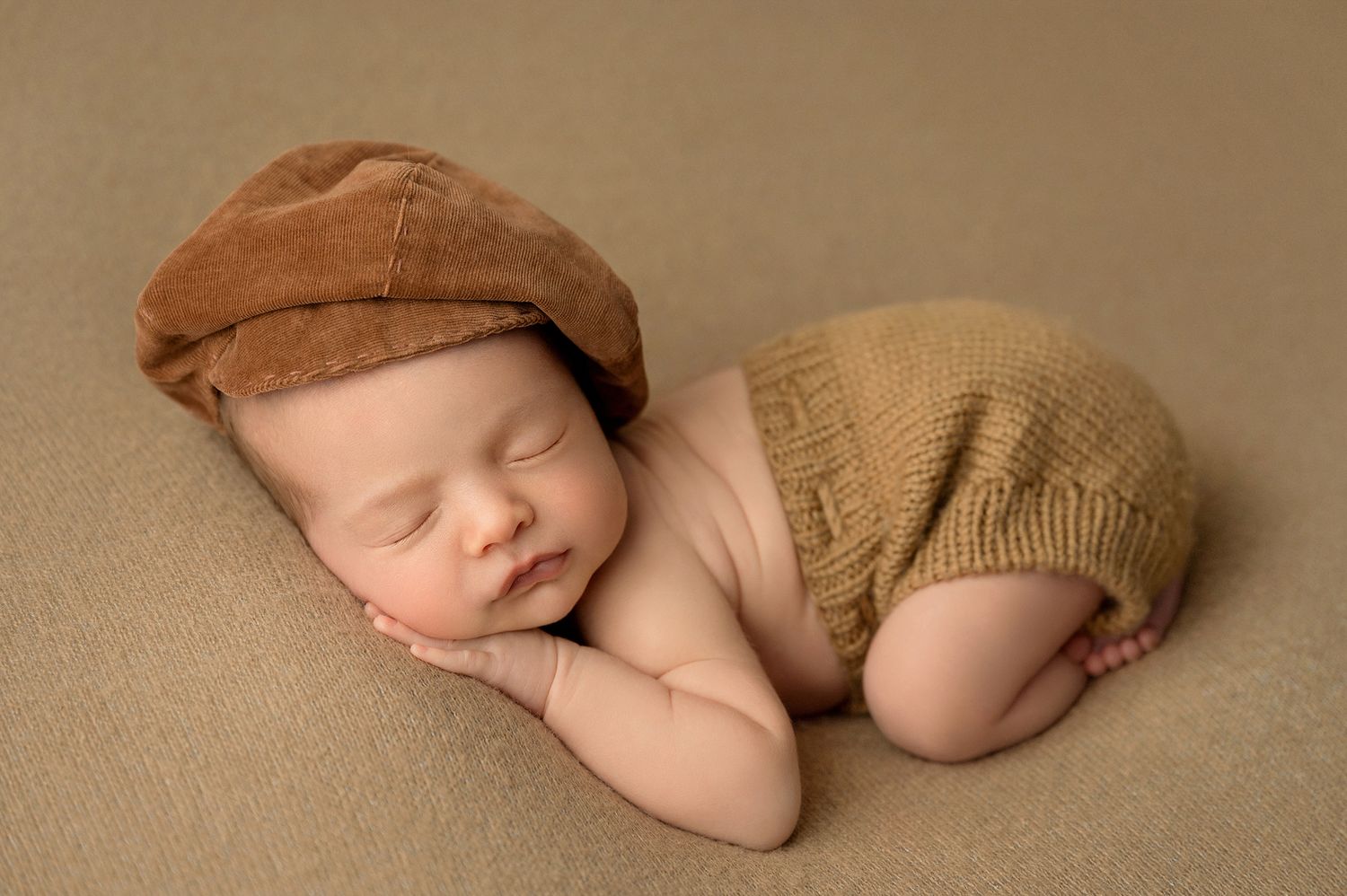 Newborn baby sleeping peacefully wearing a brown knit cap and tan bloomers on a beige background.