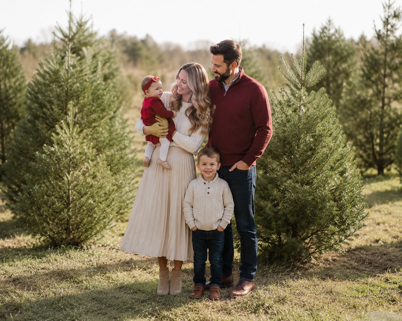 Family of four posing among green Christmas trees at a tree farm, parents holding young children in festive holiday attire.