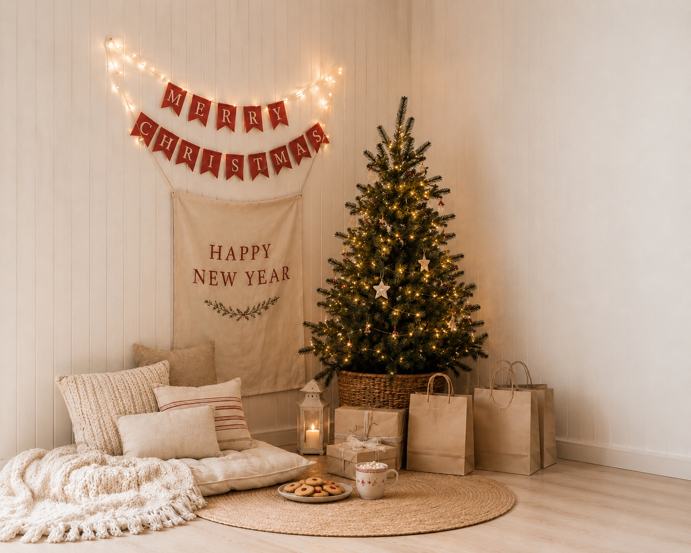 Cozy Christmas corner with decorated tree, Happy New Year banner, string lights, pillows, and gift bags on a round rug.