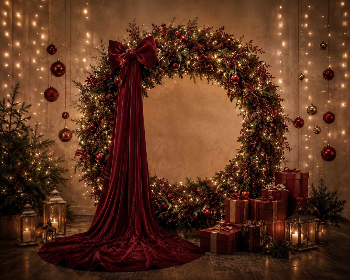 A festive circular Christmas wreath arch with red velvet bow, glowing lights, ornaments, and wrapped gifts on the floor.