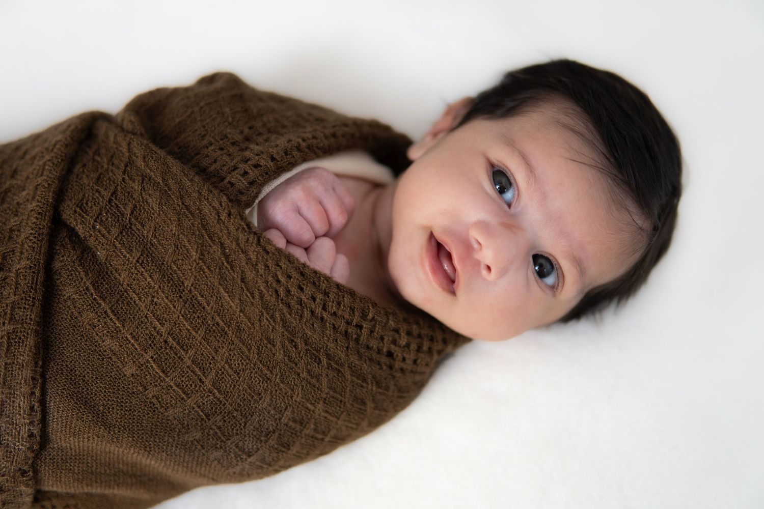 Wrapped newborn baby girl in soft neutral tones during a Melbourne photoshoot.