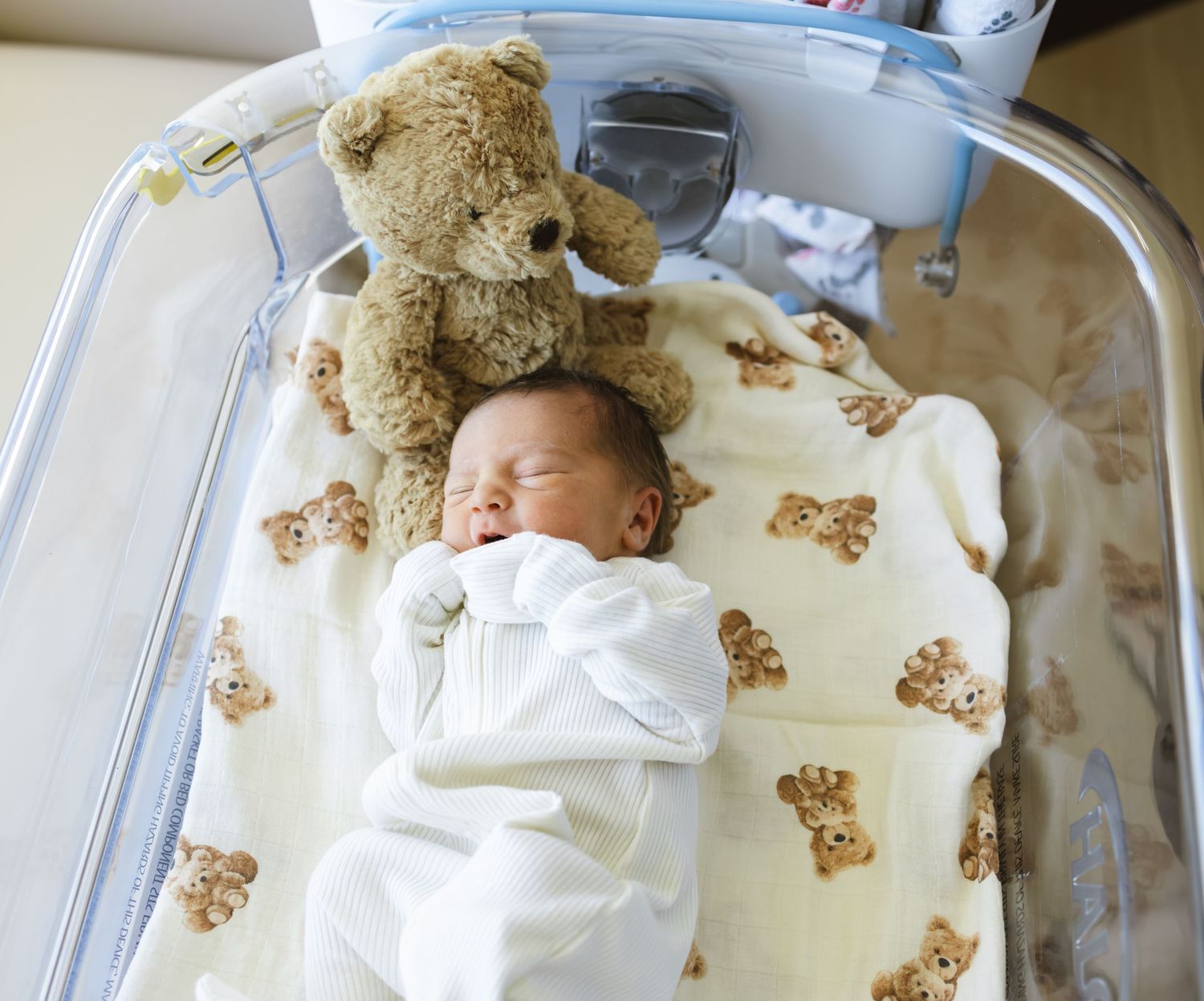 Newborn baby sleeping in hospital bassinet wrapped in white swaddle with teddy bear and bear-print blanket.