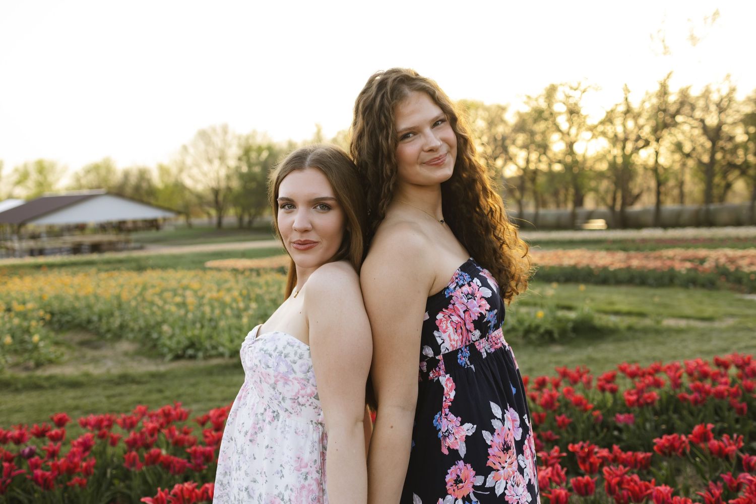 Two young women in floral dresses pose back-to-back in a vibrant tulip field at golden hour.