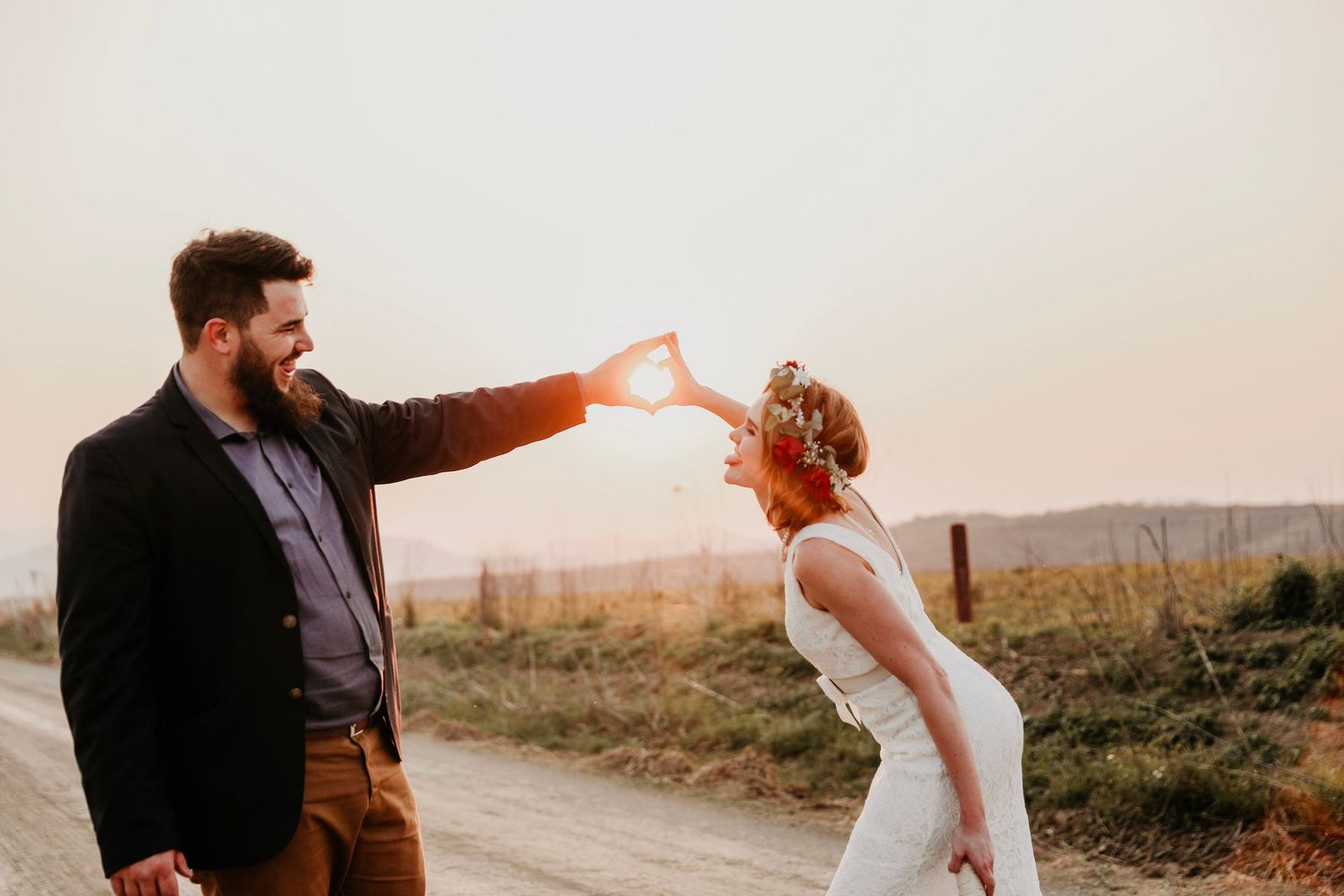 Elegant wedding couple portrait at sunset in Natal