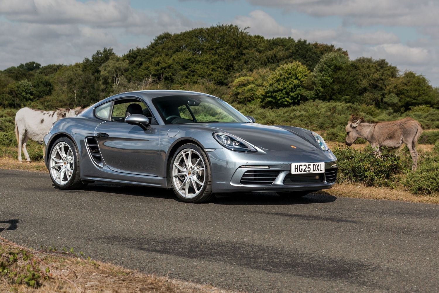 Modern silver Porsche sports cars parked on a scenic mountain road.