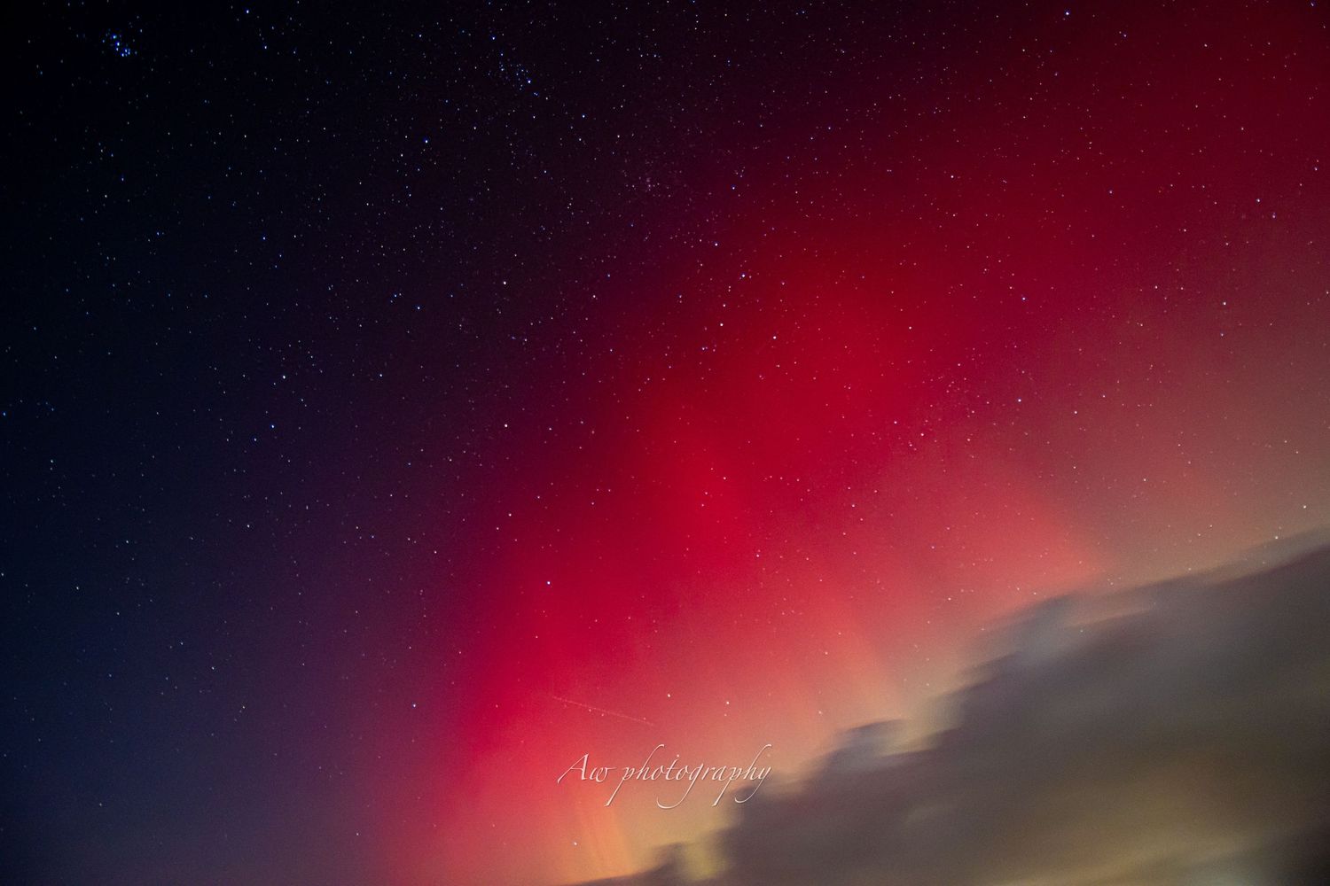 Vibrant red and purple aurora borealis lights dance across a dark night sky in a stunning natural display.