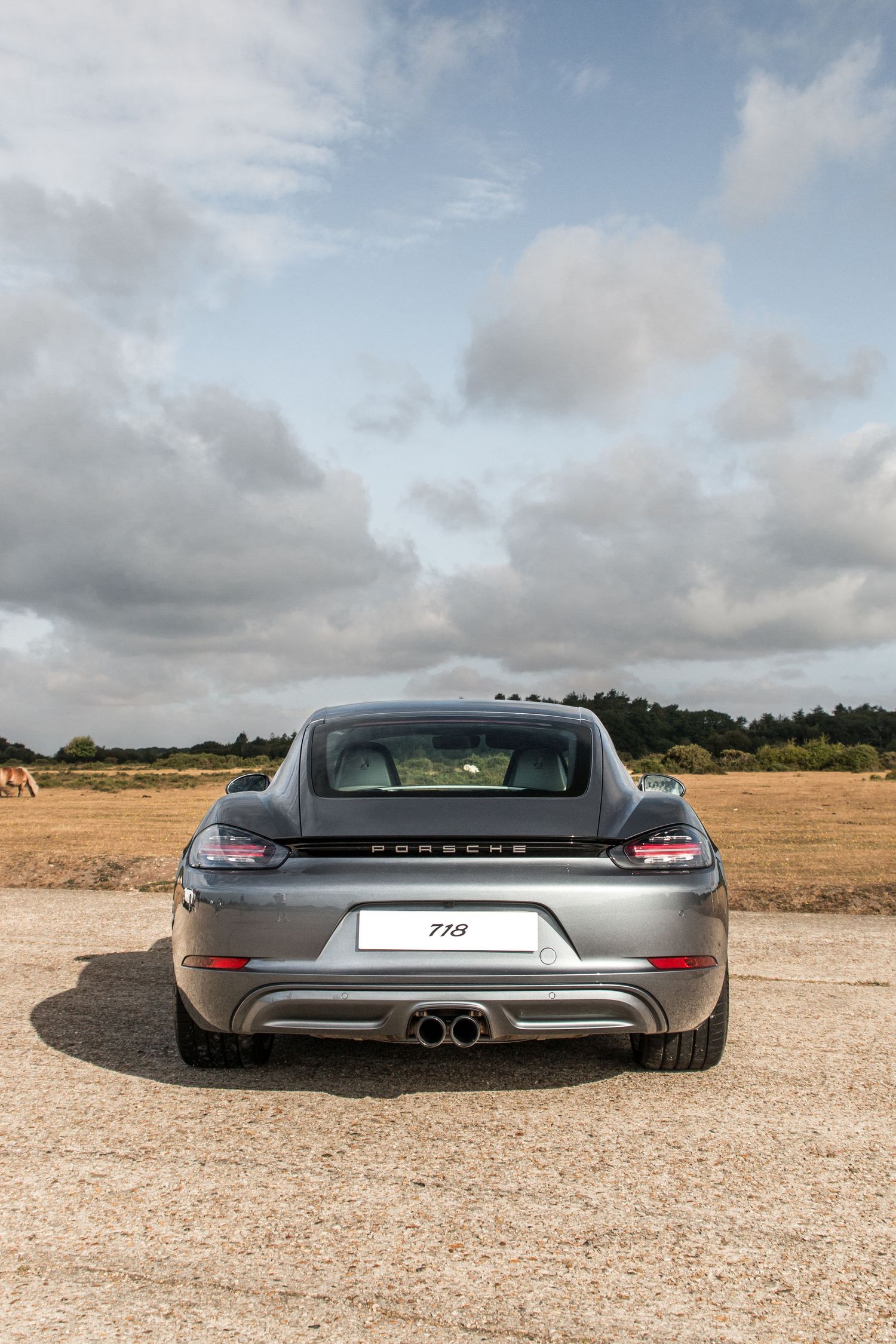 Rear view of a sleek silver Porsche 718 Cayman showcasing its dual exhaust and aerodynamic design.