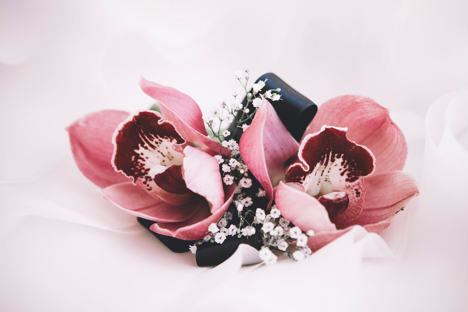 Two pink cymbidium orchids with baby's breath arranged on soft white fabric for wedding decoration.