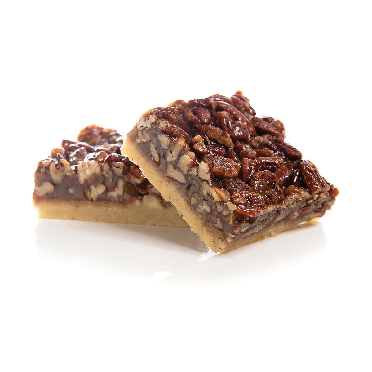 Two delicious pecan pie bars with a buttery shortbread crust and rich caramelized pecan topping.