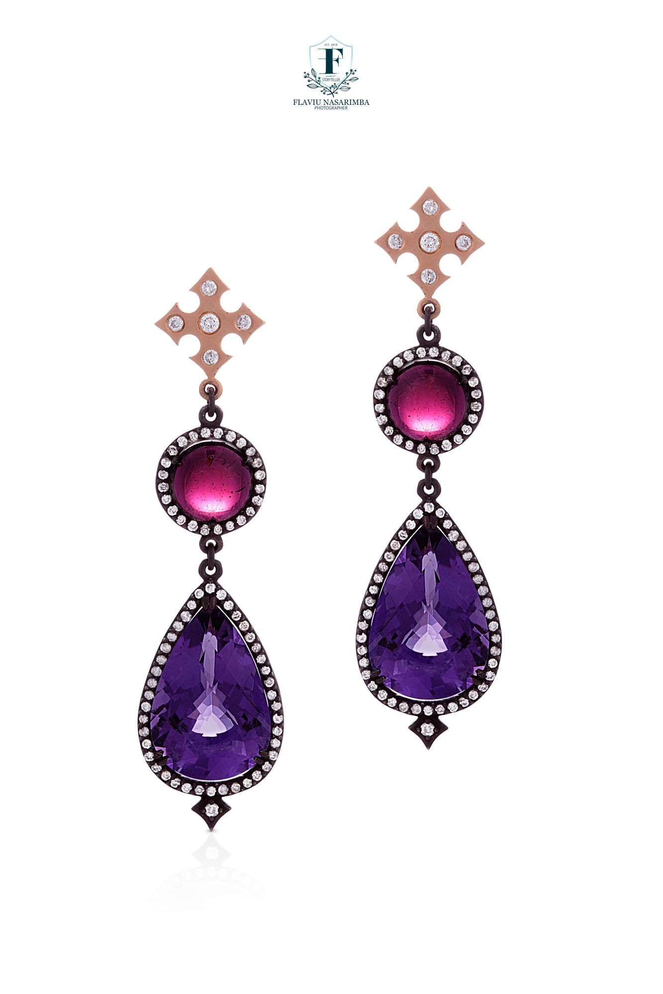 Elegant drop earrings featuring pink tourmaline, amethyst gemstones, diamonds, and rose gold cross tops.