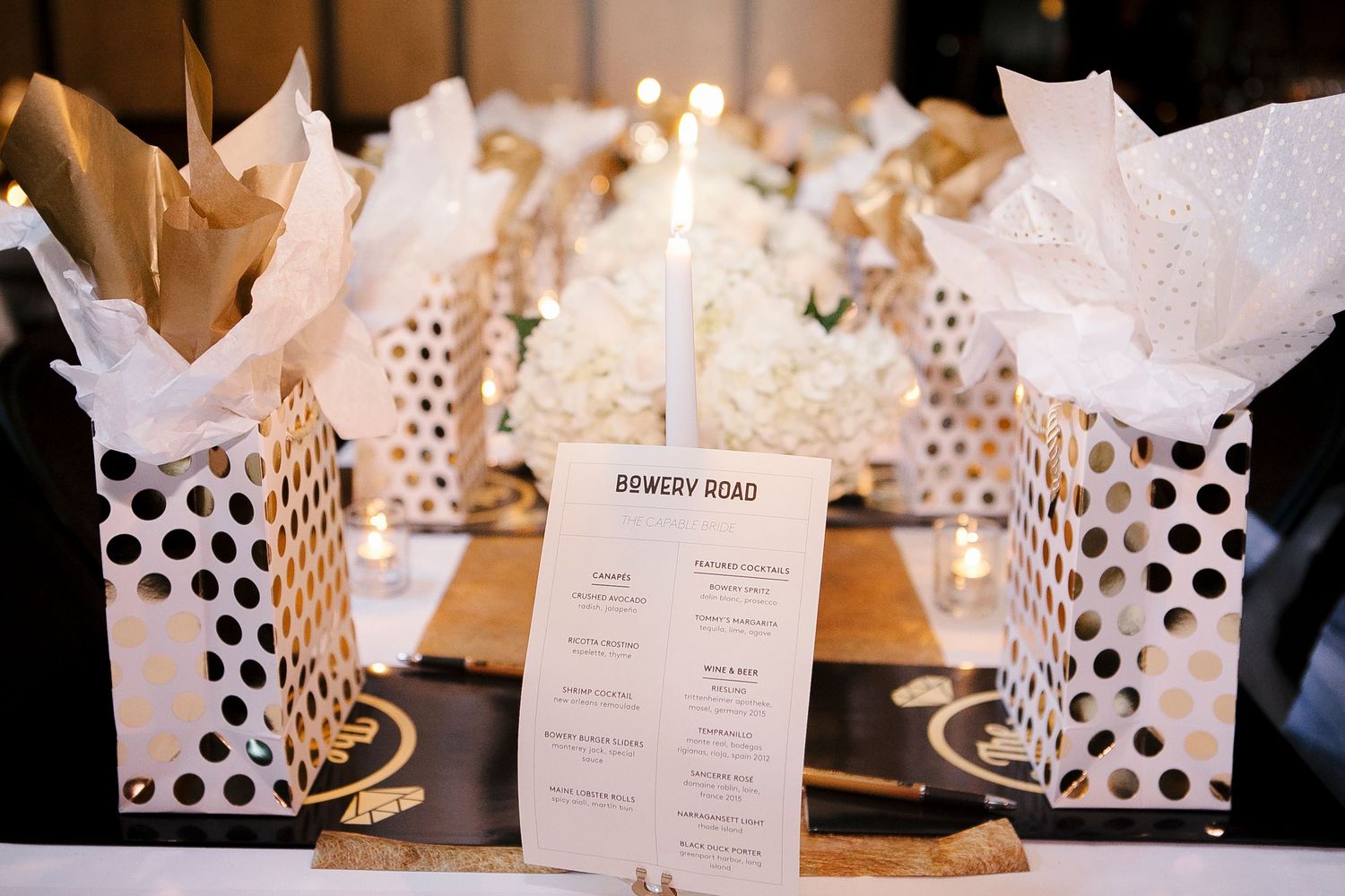 Elegant table setup with polka dot gift bags, white hydrangeas, and Bowery Road menu cards.