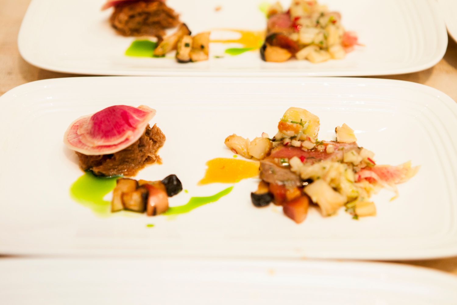 Upscale restaurant dishes featuring seared meat with watermelon radish, mushrooms, and colorful sauces.