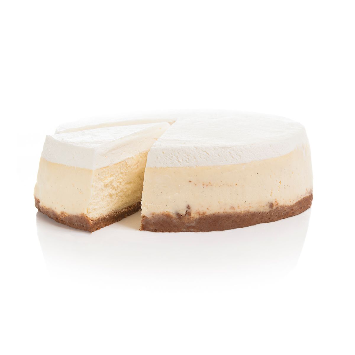 Creamy New York-style cheesecake with a slice removed, featuring a graham cracker crust and smooth topping.