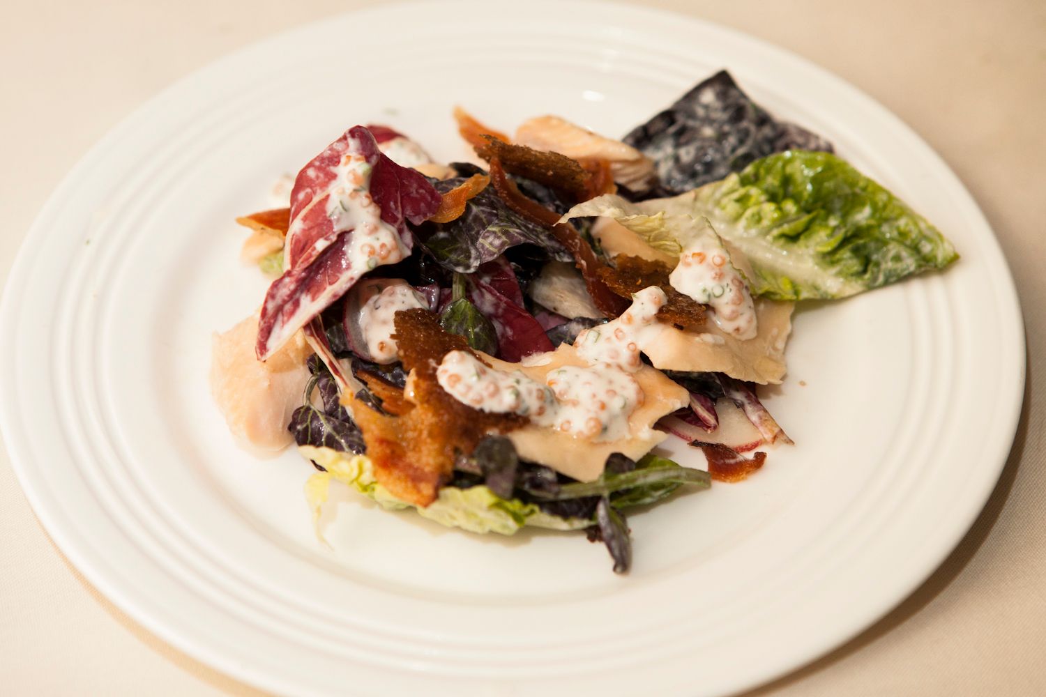 Gourmet mixed salad with radicchio, romaine, roasted vegetables, and creamy dressing on white plate.